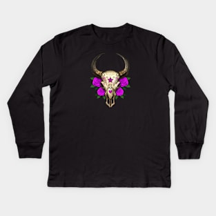 Bull Sugar Skull with Purple Roses Kids Long Sleeve T-Shirt